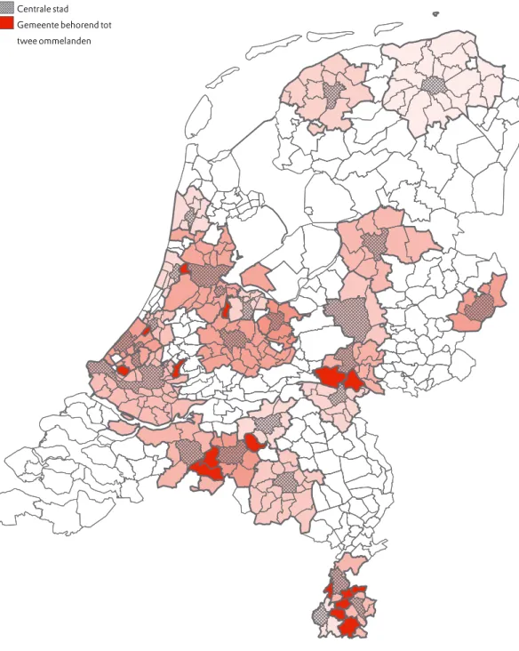 Figuur 1. Geselecteerde ommelanden en hun centrale steden. Bron: cbs, bewerking rpb