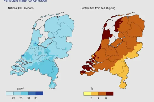 Figure 4 Spatial distribution of particulate matter concentrations in the Netherlands in 2020  (under current legislation) and the contribution of North Sea shipping in 2020 