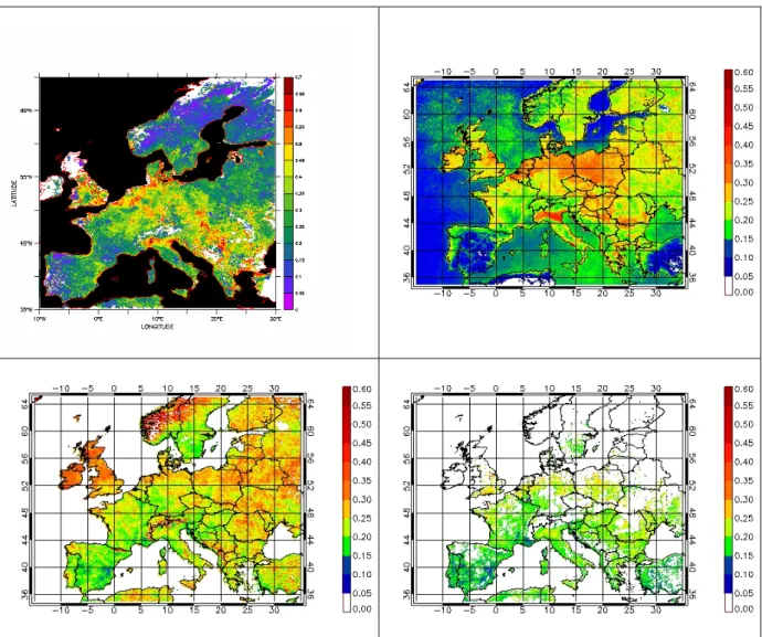 Figure 3.1 Aerosol optical thickness over Europe derived from ATSR-2 data (top left,  average August 1997), MODIS (top right, average 2003) and AATSR (bottom left, initial  average 2003) and AATSR (bottom right, screened average 2003)