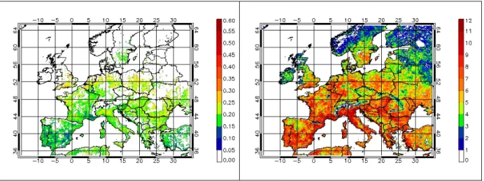 Figure 4.3 Yearly average map of the aerosol optical thickness over Europe derived from  AATSR data for 2003 (left), together with the number of months on which yearly average  values are based (right)