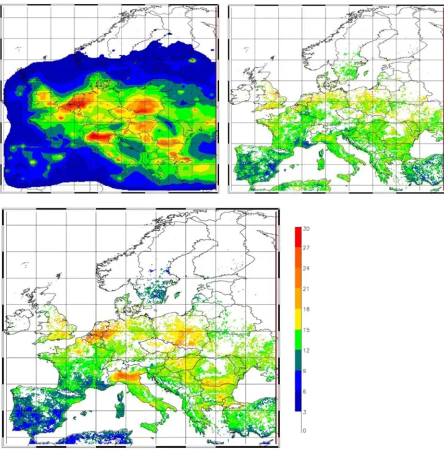 Figure 5.1 Fitted fields for PM 2.5  using only LOTOS-EUROS as explanatory variable (top  left), using only the AOT field as explanatory variable (top right), using both explanatory  fields (bottom, large)