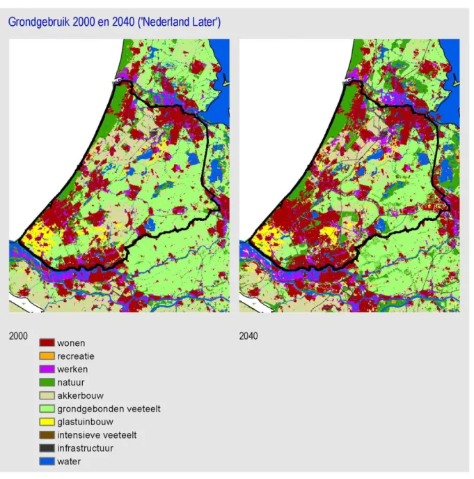 Figuur 2.3 - Landgebruik in Dijkring 14 in 2000 en 2040 (middentrendscenario uit ‘ Nederland Later’ volgens het TM- TM-scenario (CPB, MNP et al., 2006)) 
