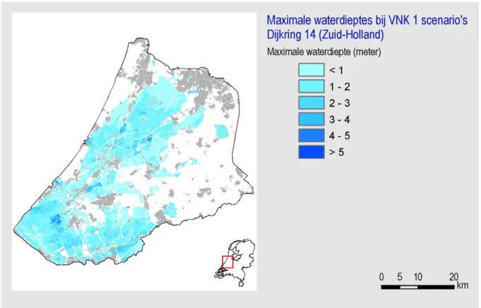 Figuur 2.7  - Maximale waterdieptes in VNK 1 scenario's zonder lijnelementen (DWW 2005)