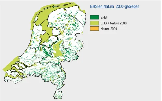 Figuur 2.2. De Natura 2000 gebieden liggen vrijwel geheel binnen de EHS. Bron: LNV.
