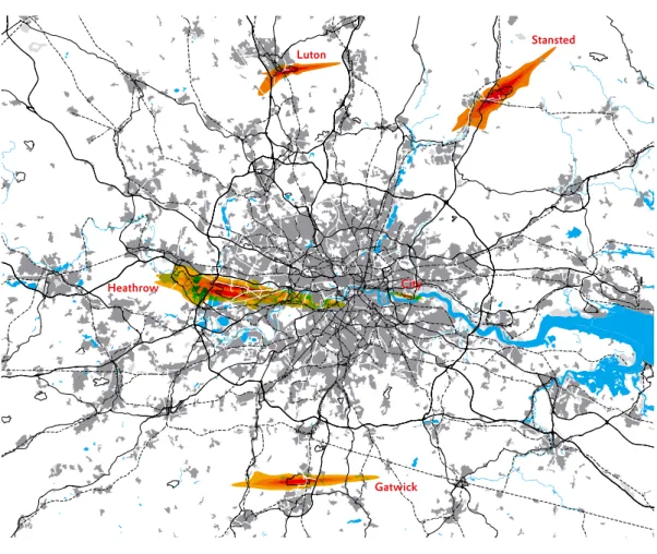 Figuur 11. Ruimtegebruik in de regio Londen in relatie tot de geluidscontouren. Bron: Corine esri anOtec