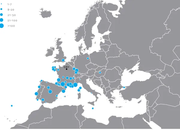 Figuur 15. Europese bestemmingen vanaf Charles de Gaulle, 2005 . 1-7 8-20 21-50 51-100 &gt;100