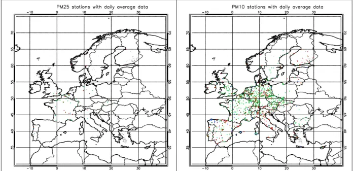 Figure 3.2 Map of AirBase stations with daily average data of PM 2.5  (left) and PM 10  (right)  in 2003
