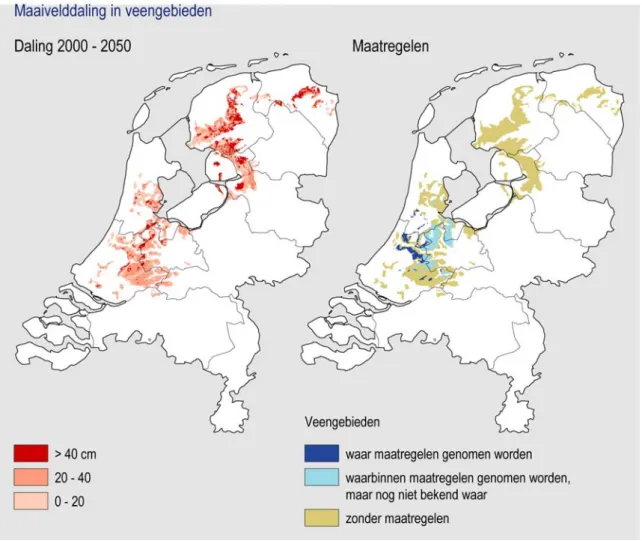 Figuur 3 Verwachte maaivelddaling in veengebieden tot 2050 (links) en gebieden waar maatregelen  tegen maaivelddaling voorzien zijn (rechts) (Bron: MNP, 2006c)