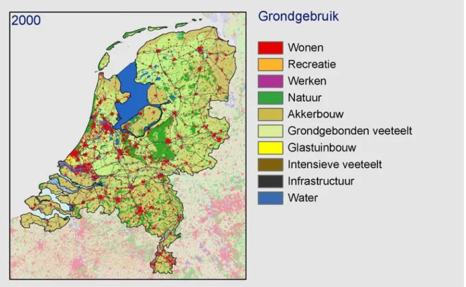 Figuur 4 Grondgebruik in Nederland en aangrenzende delen van Duitsland en België in 2000 (bron: 