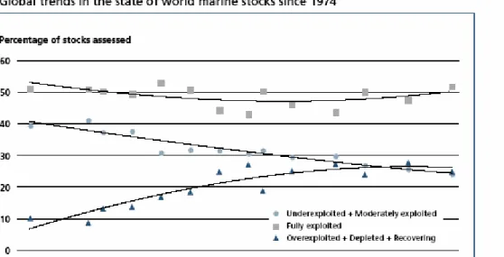 Figuur 2.1 Ontwikkelingen in visvoorraden (bron: FAO, 2004) 