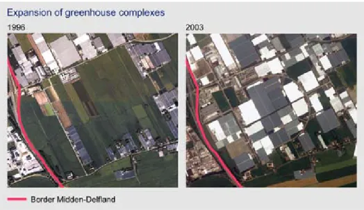 Figure 2 Large greenhouse complexes are sometimes built in areas subject to a restrictive policy  (to the right of the red line), such as here in Midden-Delfland (photo left: Eurosense; photo right: 