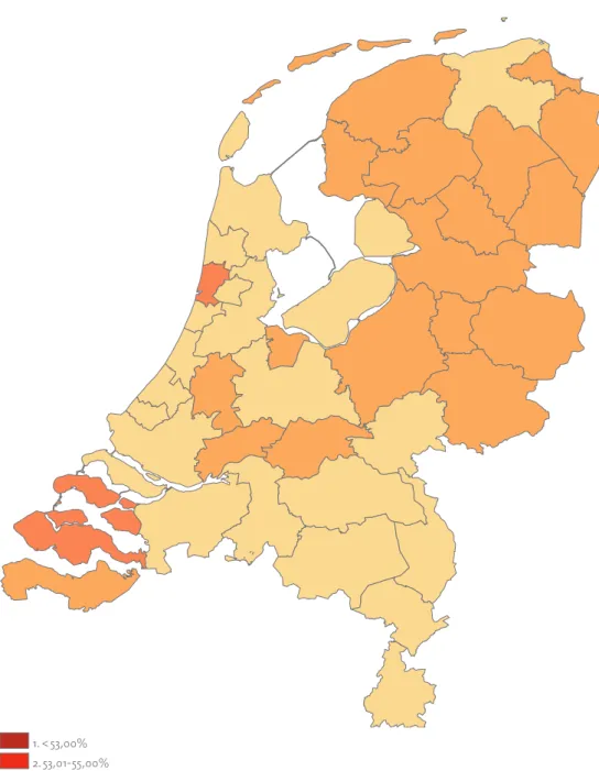 Figuur 22. Aandeel potentiële beroepsbevolking (20-64 jaar), 2005, naar corop-regio.   Bron: cbs 