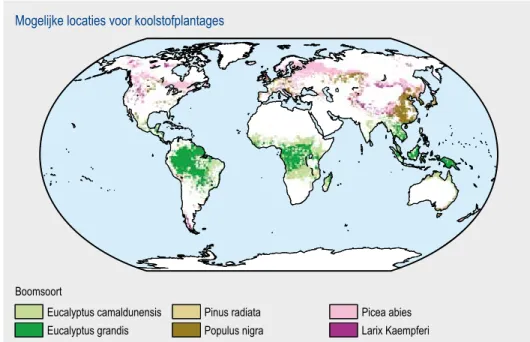 Figuur 8. Theoretische locaties van koolstofplantages. Getoond zijn locaties waar plantages over  hun levensduur meer CO 2  opnemen dan de natuurlijke vegetatie