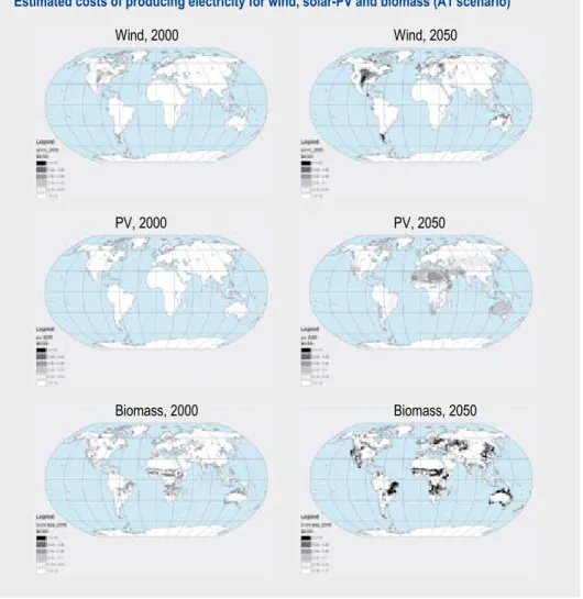 Figure 3.5. Estimated costs of producing electricity in the A1 scenario for wind, biomass and  solar-PV in 2000 and in 2050 (De Vries et al., 2006).