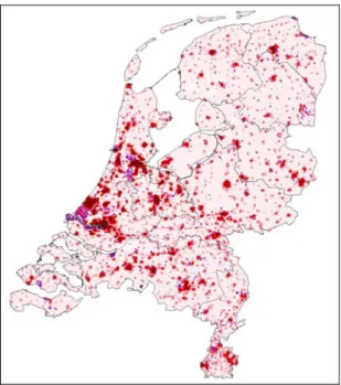 Figuur 3.4 Stedelijkheid (rood en paars op de kaart) in Nederland op basis van de  omgevingsadressendichtheid (OAD) per 500 x 500 m grid aangevuld met het aandeel  verharding op basis van de CBS-bodemstatistiek voor grids met een OAD &lt; 500  adressen/km 