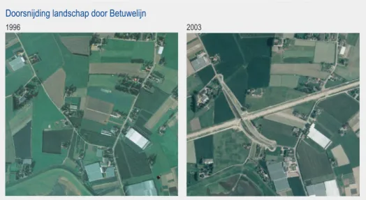 Figuur 2.2 De Betuwelijn deelt het bestaande landschap op, zoals hier bij Duiven (foto links: 