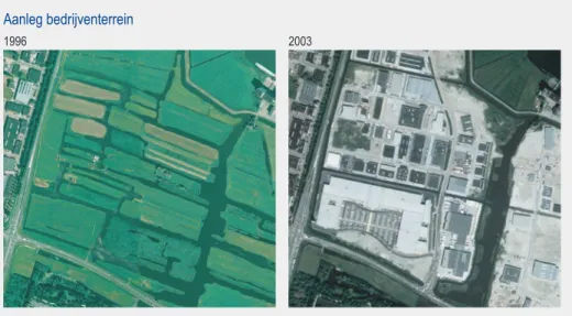 Figuur 2.3 Lokaal verdwijnen cultuurhistorische waarden door de aanleg van bedrijventerreinen,  zoals hier bij Wormerveer (foto links: Eurosense; foto rechts: AERODATA International Surveys)