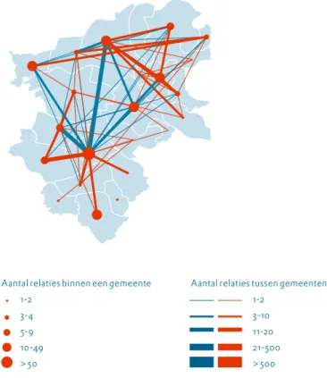 Figuur 7b. Meer (rood) en minder (blauw) dan verwachte regionale bedrijfsnetwerken in  de regio Arnhem­Nijmegen