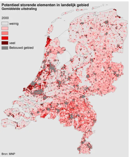 Figuur 2.6 Potentieel storende elementen gewogen met de gemiddelde mate van uitstraling  In Figuur 2.7 staan de potentieel storende elementen voor de vier wereldbeelden naast elkaar