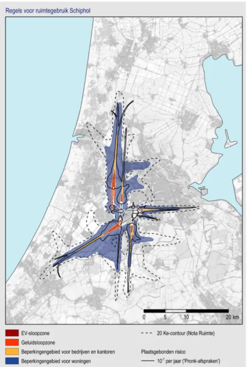 Figuur  2.1.1  Ligging  van  de  luchthaven  Schiphol  en  gebieden  waarvoor  in  het  Luchthavenindelingbesluit (LIB) regels zijn opgenomen voor het ruimtegebruik en de bebouwing en  waarvoor aanvullende afspraken gelden die (nog) niet in het LIB zijn op