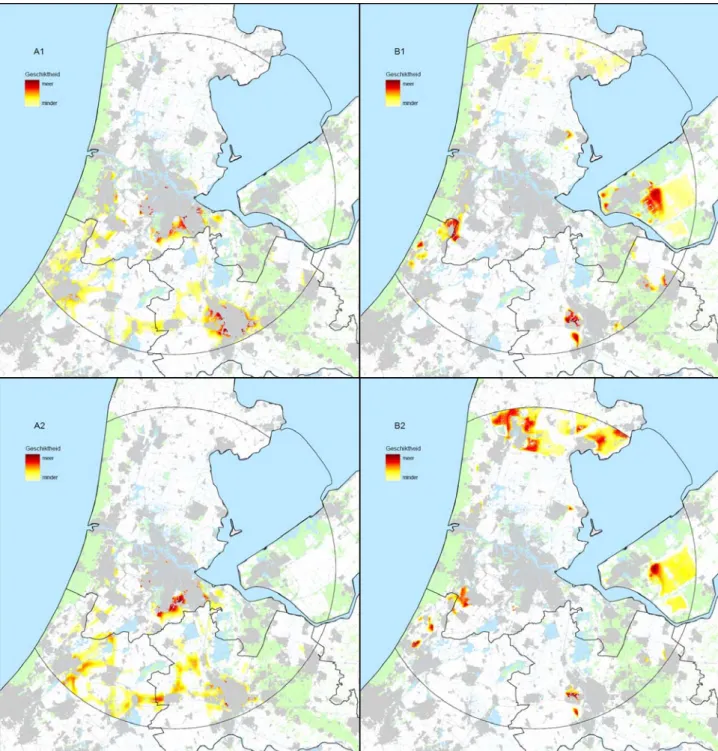 Figuur 4: Relatief geschikte gebieden voor verstedelijking in de regio Amsterdam uitgaande  van de gewichten zoals die bij de vier wereldbeelden zijn gekozen