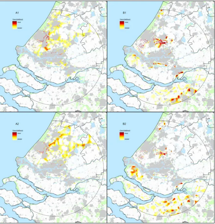 Figuur 5: Relatief geschikte gebieden voor verstedelijking in de regio Rotterdam.Den Haag  uitgaande van de gewichten zoals die bij de vier wereldbeelden zijn gekozen