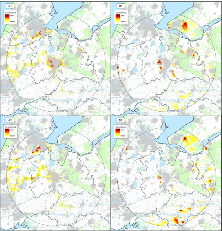 Figuur 6: Relatief geschikte gebieden voor verstedelijking in de regio Utrecht uitgaande van  de gewichten zoals die bij de vier wereldbeelden zijn gekozen
