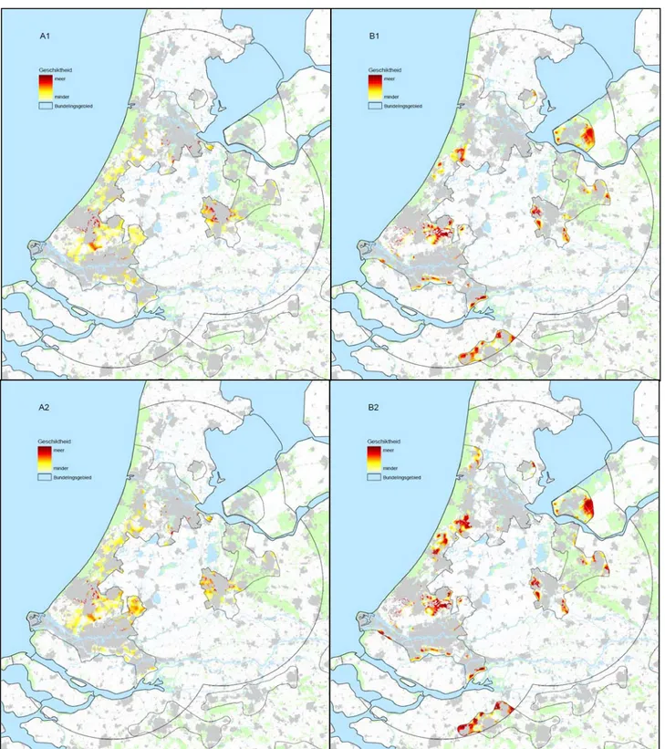 Figuur 7: Relatief geschikte gebieden voor verstedelijking in de Bundelingsgebieden in de  Randstad uitgaande van de gewichten zoals die bij de vier wereldbeelden zijn gekozen