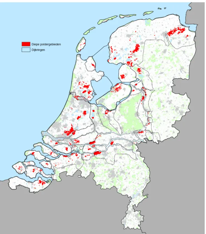 Figuur B8: Diepe poldergebieden bestaande uit 5% diepste delen binnen dijkringen. Dit is  een  eerste benadering van gebieden binnen dijkringen die bij overstroming waarschijnlijk  als eerste onder water komen te staan