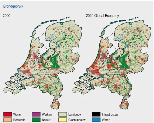 Figuur 2 Dominant grondgebruik in 2000 en in 2040 bij hoge economische groei.