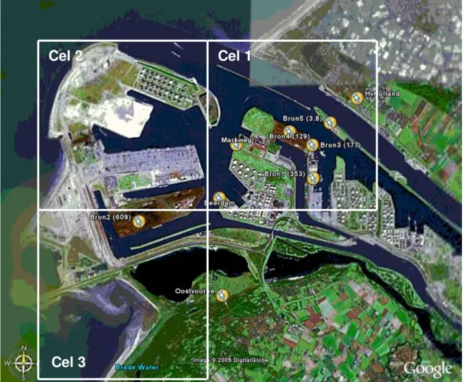 Figuur 2 Lokale bronnen op- en overslag bij de Maasvlakte zoals gebruikt in de berekeningen en de  DCMR TSP meetlocaties (Oostvoorne, Beerdam, Markweg, Hoek van Holland)