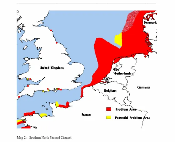 Figuur 3.1 Overzicht van ‘problem areas’ in het Kanaal en de Zuidelijke Noordzee uit oogpunt  van eutrofiëring  (OSPAR, 2003b)