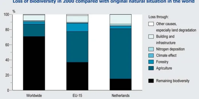 Figure 4: Loss of biodiversity in 2000 compared with the original natural situation in the world,  Europe and Netherlands (MNP, 2004)