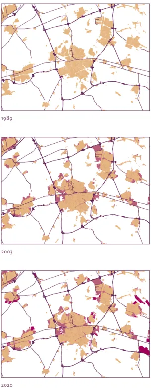 Figuur 21. Ontwikkeling bebouwd gebied Breda (A16/A27/A58). Bron: CBS Bodemstatistiek,  IBIS (2003) en Nieuwe Kaart van Nederland