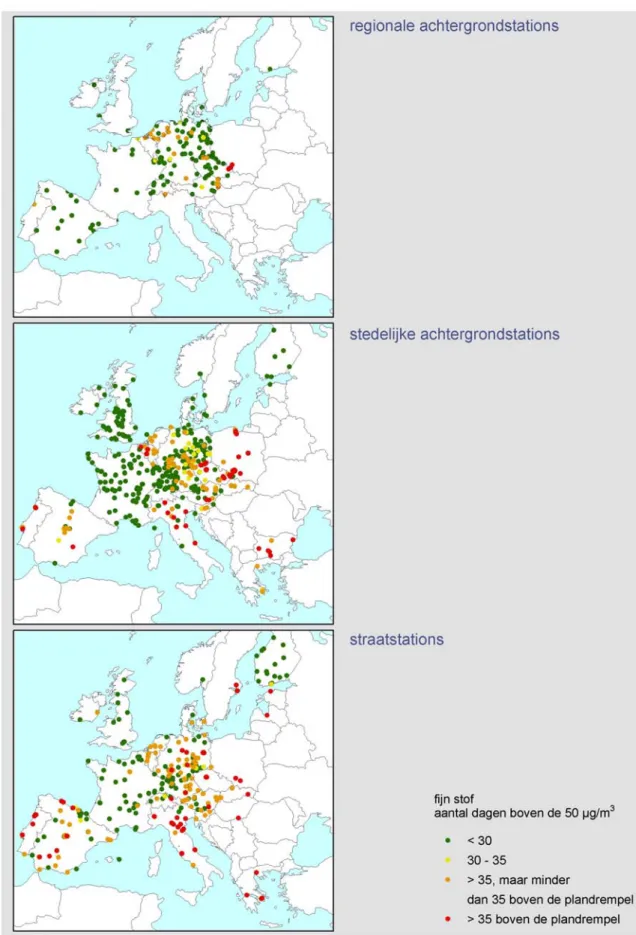 Figuur 2.1 Overschrijdingen van grenswaarde en plandrempel (geldig voor 2002) voor fijn  stof in Europa in 2002 (aantal dagen met daggemiddelde concentratie boven 50 µg/m 3   res-pectievelijk 65 µg/m 3 )