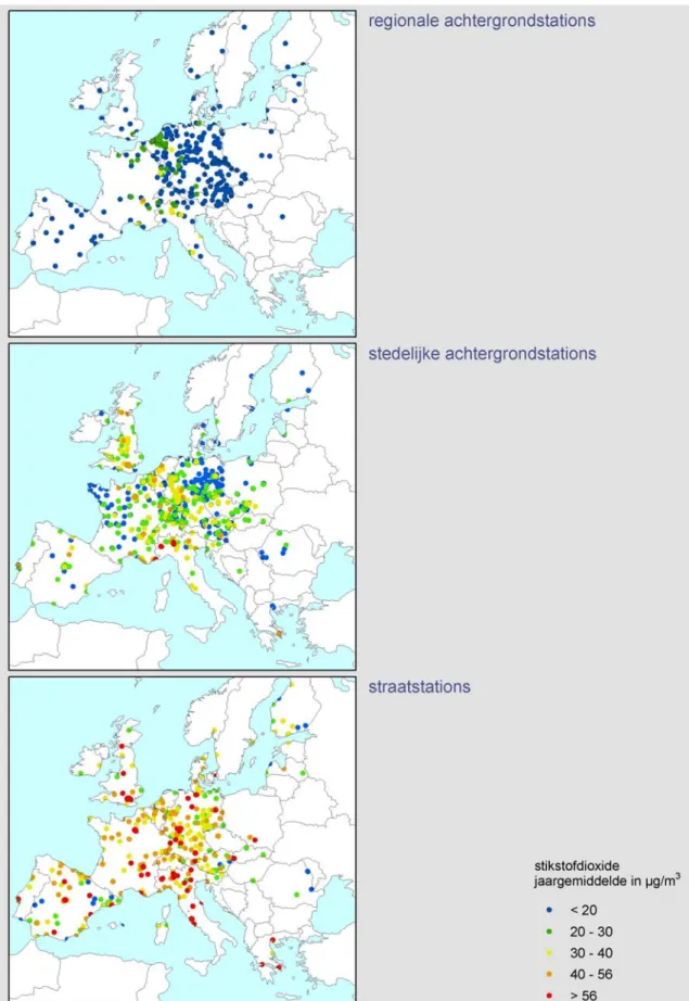 Figuur 2.2 Overschrijdingen van grenswaarde en plandrempel (geldig voor 2002) voor stik- stik-stofdioxide in Europa in 2002 (jaargemiddelde concentratie boven 40 µg/m 3  respectievelijk           56 µg/m 3 )