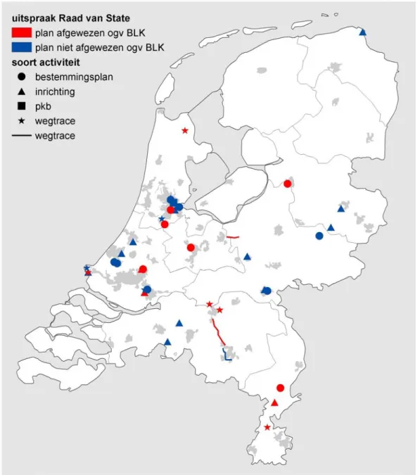 Figuur 3.1. Overzicht van ruimtelijke ordeningsplannen die door de Raad van State (Afdeling  Bestuursrechtspraak) zijn getoetst aan het Besluit luchtkwaliteit (BLK), tot medio februari  2005