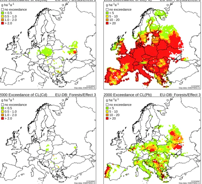 Figure 3-2. Exceedances of the EU-DB critical loads of cadmium (left) and lead (right) for ecotoxicological  effects in forests on the EMEP50 grid in the year 1990 (top) and 2000 (bottom)