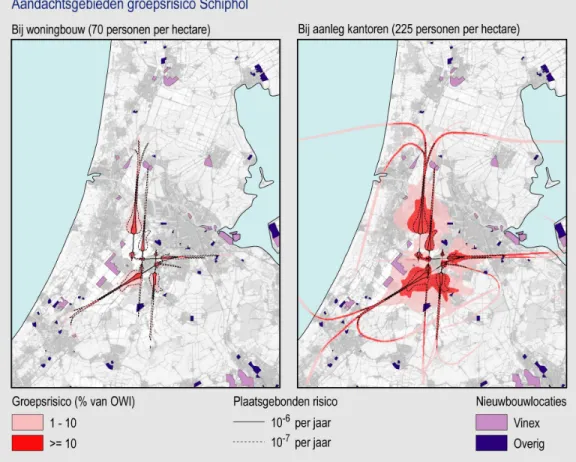 Figuur 5: Aandachtsgebieden voor de ontwikkeling van woonbebouwing rondom  Schiphol (VINEX, dichtheid 30 woningen/ha) (links) en voor de ontwikkeling van  bedrijventerreinen (hoge dichtheid, 225 personen/ha) (rechts) 