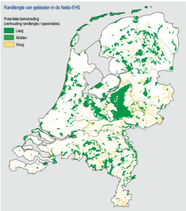 Figuur 7  Kaart met randlengte/oppervlakteverhouding van natuurgebieden in de Netto-EHS