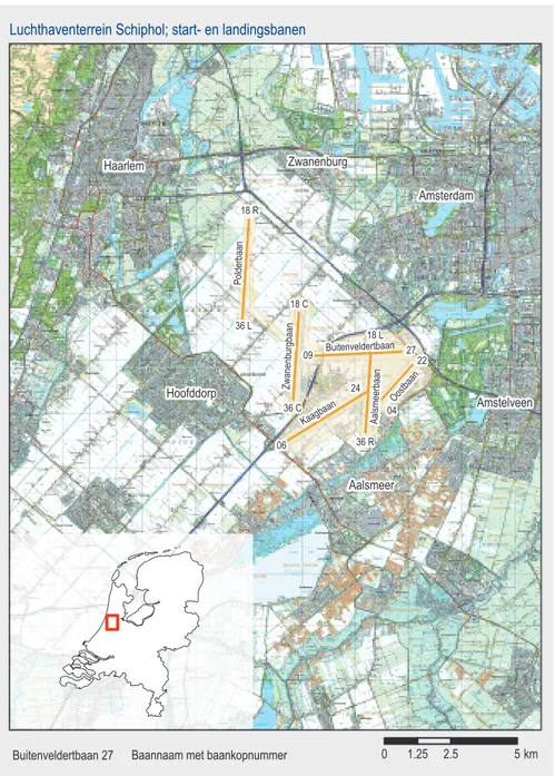 Figuur 2.3.1 Het luchtvaartterrein Schiphol; ligging en aanduiding van de start- en landingsbanen.