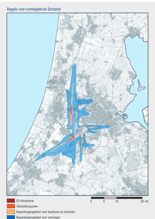 Figuur 2.3.2 Ligging van de luchthaven Schiphol en gebieden waarvoor regels gelden ten aanzien van de bebouwing (1