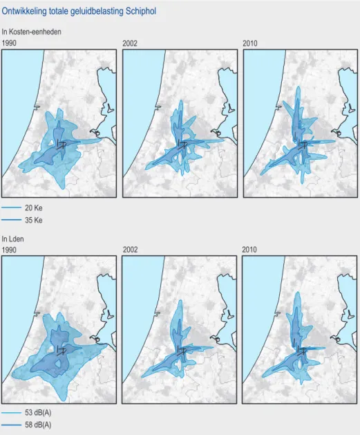 Figuur 3.4.4 Ontwikkeling 35 en 20 Ke contouren en 58 en 53 dB(A) Lden contouren 1990 – 2010