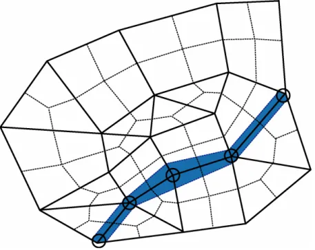 Figure 2.3. Rivers in LGM, coinciding with element sides. Dashed lines delineate the node influence  areas (see also figure 2.1)