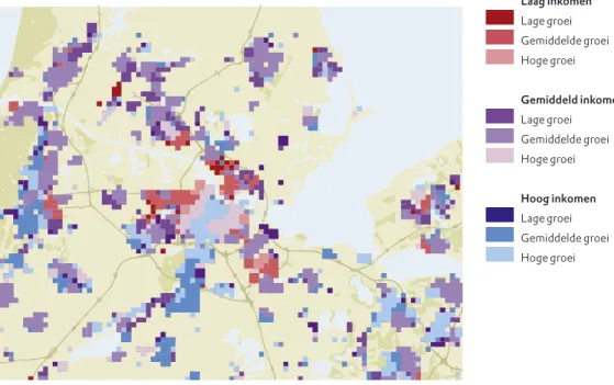Figuur 13b. Buurttype naar inkomensniveau (2000) en inkomensgroei (1995–2000) in de regio  Rotterdam/Den Haag, gegeneraliseerd 2