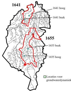 Figuur 3.2 Het studie gebied met daarin aangegeven de deelstroomgebieden en de locaties  waar de grondwaterdynamiek vergeleken wordt