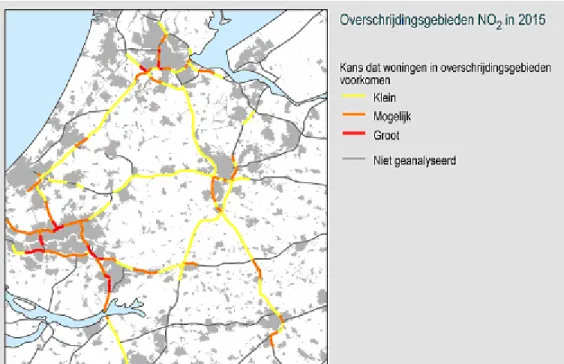 Figuur 1. Overzicht knelpunten stikstofdioxide in 2015; kans op woningen in overschrijdingsgebieden (Bron: 