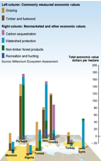 Figure 8. Annual Flow of Benefits from Forests in Selected Countries. (Adapted from  C5 Box 5.1) In most countries, the marketed values of ecosystems associated with timber  and fuelwood production are less than one third of the total economic value, inclu