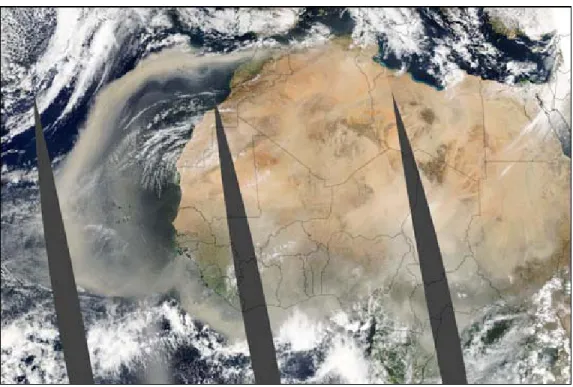 Figure 10.  Dust Cloud Off the Northwest Coast of Africa, March 6, 2004.  In this  image, the storm covers about one fifth of Earth’s circumference