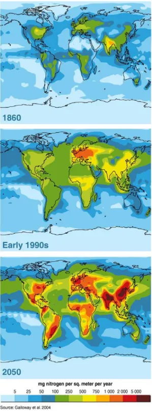 Figure 1.6. Estimated Total Reactive Nitrogen Deposition from the Atmosphere  (Wet and Dry) in 1860, Early 1990s, and Projected for 2050 (milligrams of nitrogen  per square meter per year)